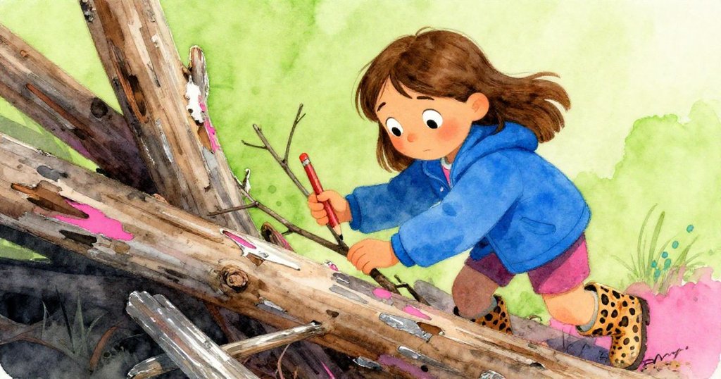 從隱蔽角度觀察，Cleo輕取一根薄枝觸摸剝落樹皮，自然靜謐中展示細膩專注，敘事漸展。