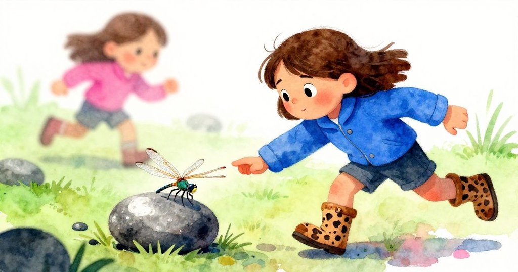 滾動卵石輕觸蜻蜓翅膀，Cleo在背景急速奔跑，動感十足，展現自然流動與緊迫情緒。