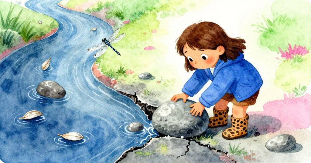 Cleo穩固放置最後一塊大石板，河上種子聚集蜻蜓盤旋，景致開闊，暗示冒險故事續篇。