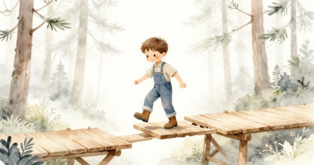 Kit 踏上露出松脂閃光的半完成平台,薄霧瀰漫森林中,面露期待與興奮,開始他的冒險旅程。