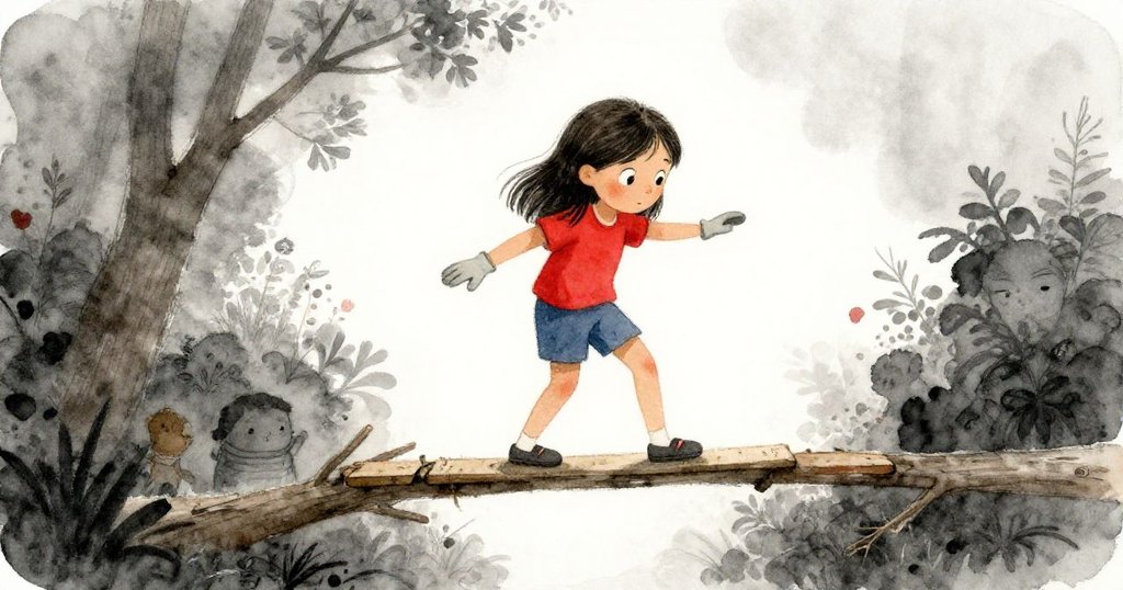 Nora 站於樹枝交叉處,平衡自製扶手板,焦急中流露堅定,背景留有空白與淡淡木紋。