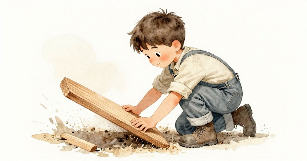 Kit 蹲下穩固板材,專注用力將釘子固定,木屑飛揚,展現努力與精細工藝的瞬間。