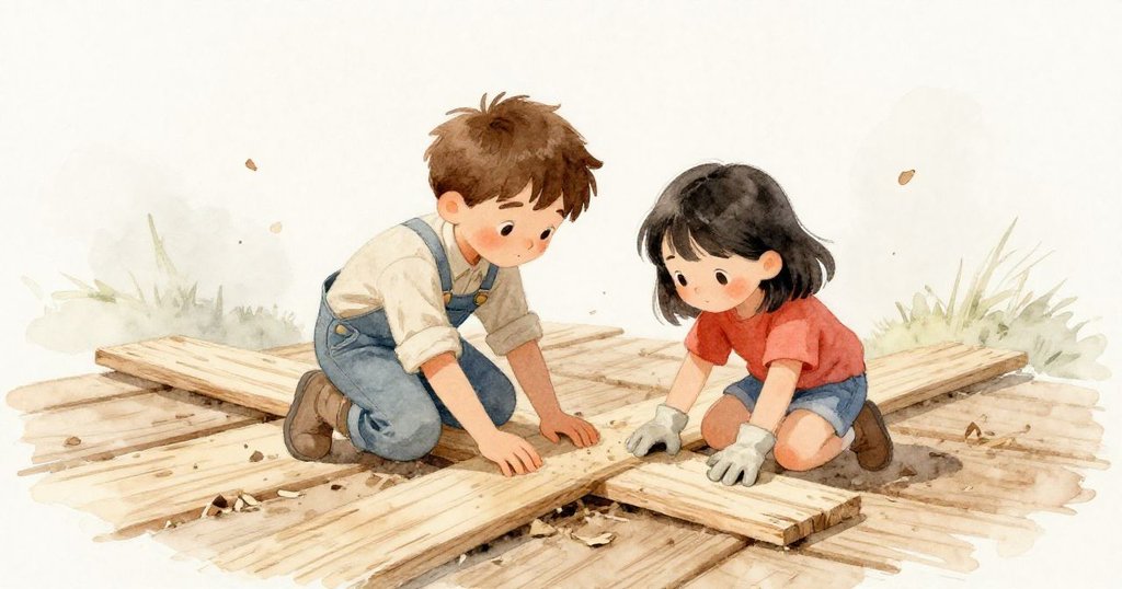 Nora 與 Kit 同心協力調整平台,木板重疊、鋸末飛揚,風起時展現齊心協力調整細節。