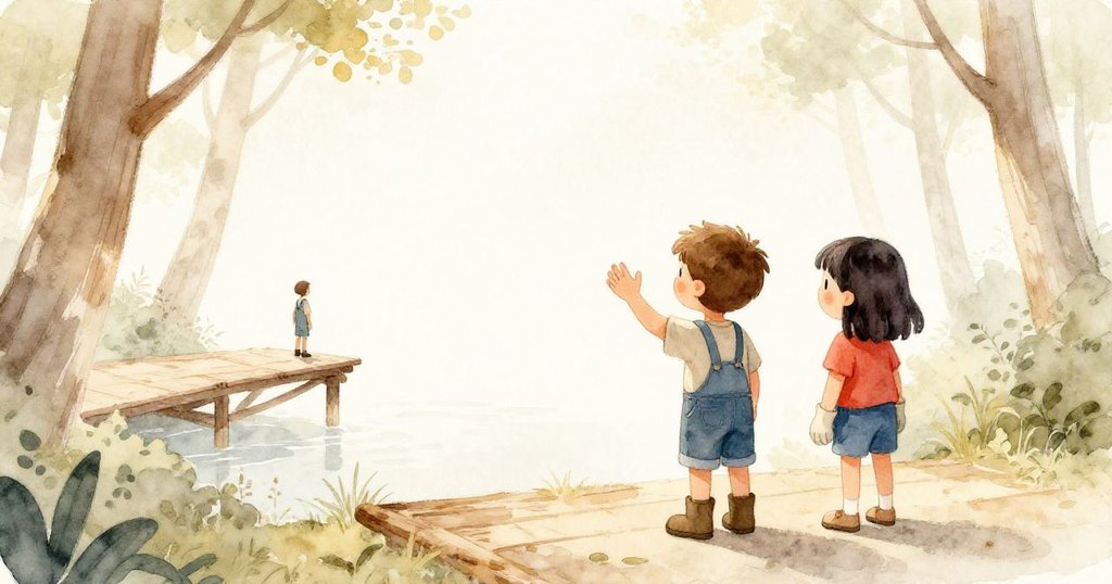 父親遠處呼喚,Kit 與 Nora 站在穩固平台上揮手回應,微風吹拂樹葉,預示著冒險未完待續。