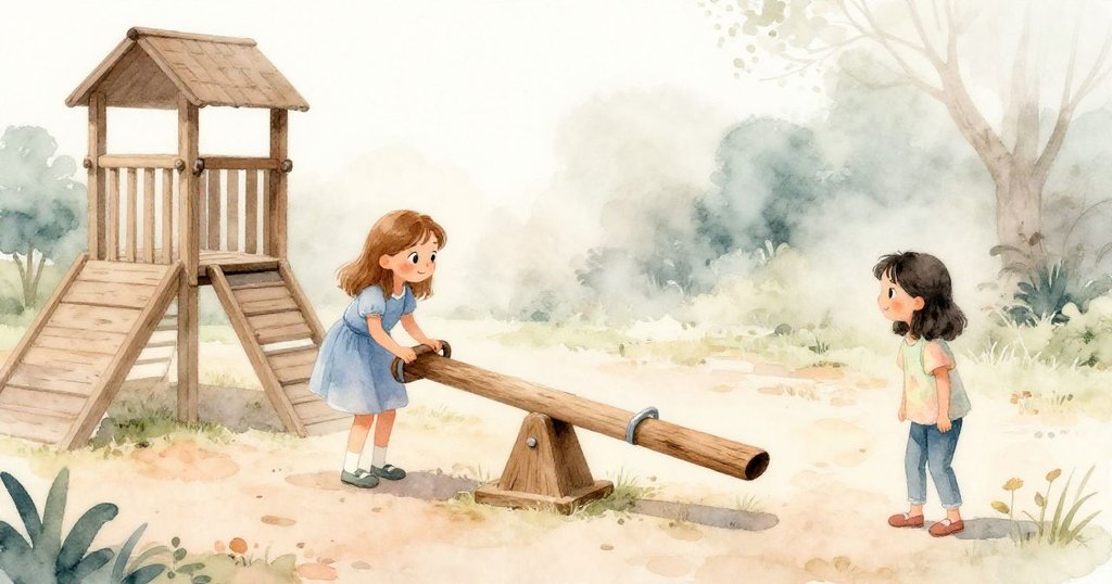 哈里艾特在清晨霧氣中檢查老舊翹翹板，塔圖姆微笑觀看，背景溫暖柔和，充滿期待感。