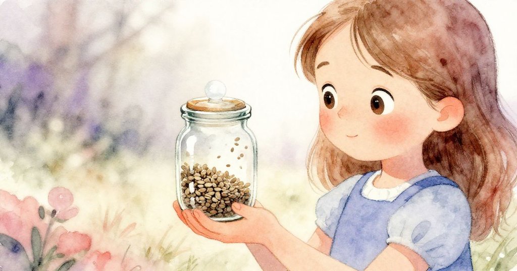 哈里艾特手持小玻璃種子罐，透出希望成長的寓意，背景柔和，十足童趣。