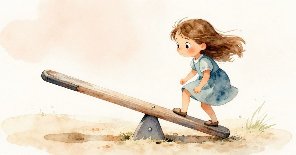 哈里艾特努力攀爬翹翹板低端，沙粒清晰，表情堅定，陽光柔和映照出挑戰氛圍。