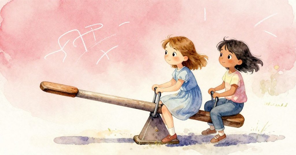 哈里艾特與塔圖姆在懷舊柔和光線中，凝望著無痕跡的翹翹板，溫暖回憶湧上心頭。