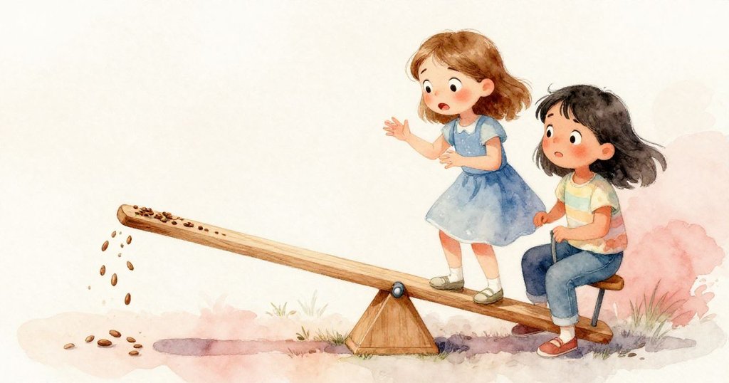 哈里艾特與塔圖姆在翹翹板上發現種子灑落，彼此關切注視，場景帶有淡淡緊張情緒。