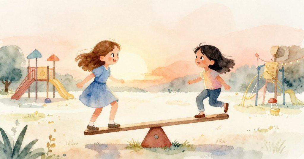 傍晚金色夕陽下，哈里艾特與塔圖姆快樂離開翹翹板，遠處看見遊戲與小物流動，充滿溫馨氛圍。