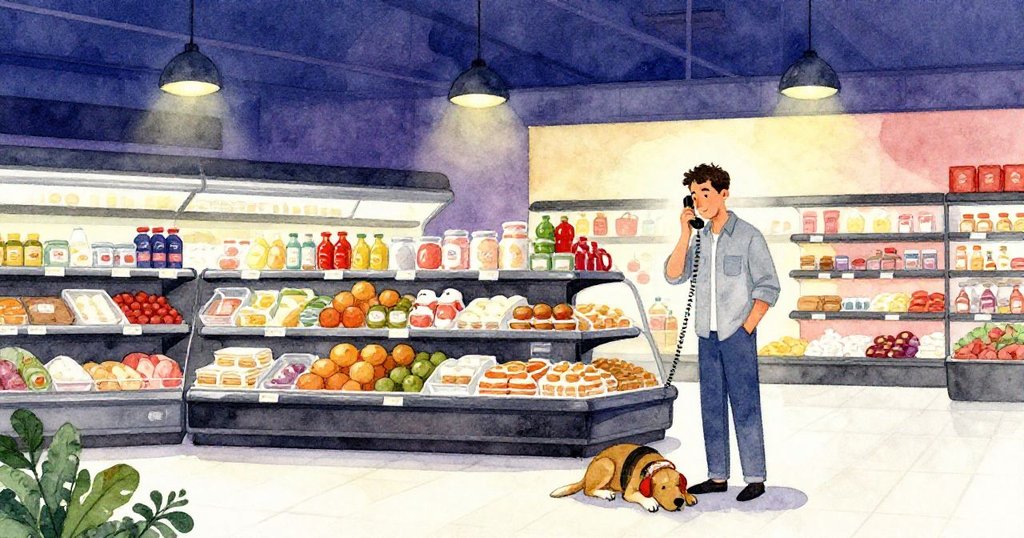 Marco在寧靜烘焙區接電話，周圍燈光柔和，服務犬安靜陪伴，他神情專注，場景平和充滿細節。