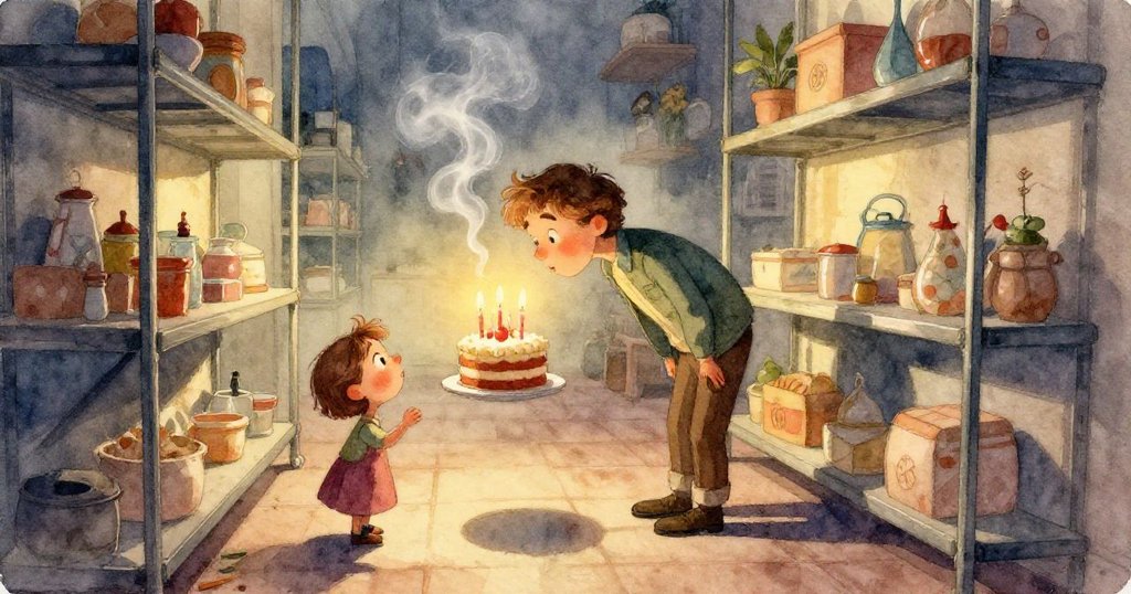 年長顧客因濕滑地板失足，籃子碰撞服務犬，狗繩牽動麵包架激起一陣混亂，動作生動且充滿驚訝。