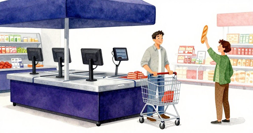 在自助結帳區，Marco停好購物車展現微笑，一位顧客揮舞著救回的麵包，場景溫馨平穩，具備結局氛圍。