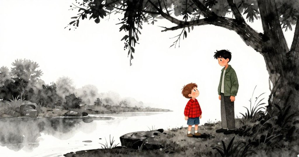 佛羅伊蹲在石塊小島上觀察水坑，臉上充滿好奇與期待，旁邊的卡爾靜靜等待，晨光中自然場景生動展現