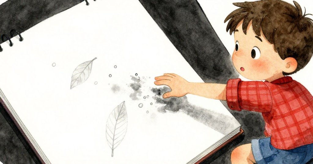 佛羅伊伸手取畫板，專注觸碰沾水紙張上樹葉印記，水滴和鉛筆痕跡交織，呈現早晨創作瞬間