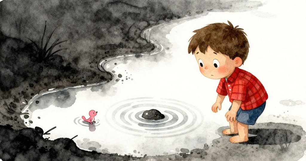 水坑中層次分明，水波輕漣帶動一隻粉紅似蟲生物靠近泥邊，晨光映襯下呈現豐富質感與細節