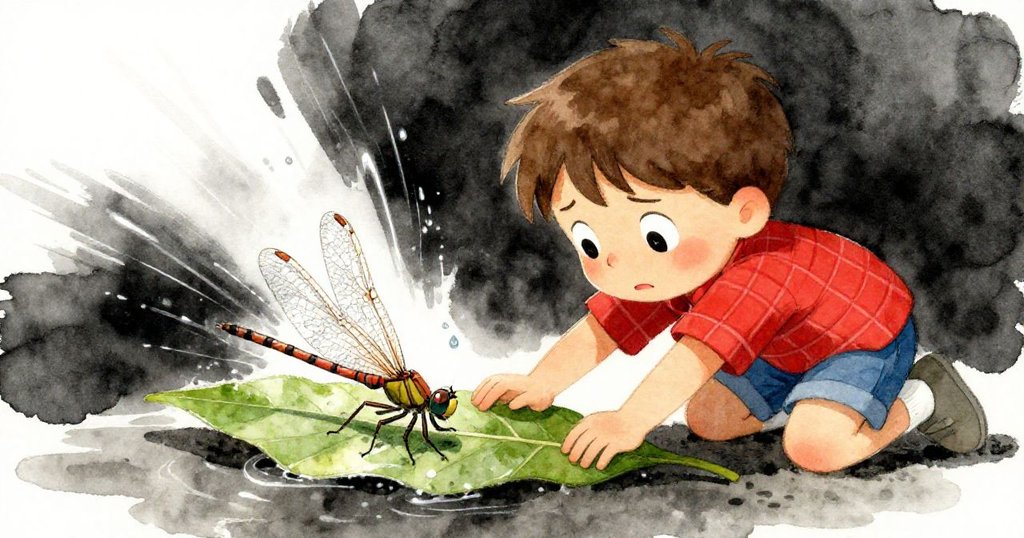 水滴沖刷下，生物皮裂加寬，佛羅伊驚慌關懷中用扁葉輔助蛻變，臉上流露出擔憂情緒，動作緊張