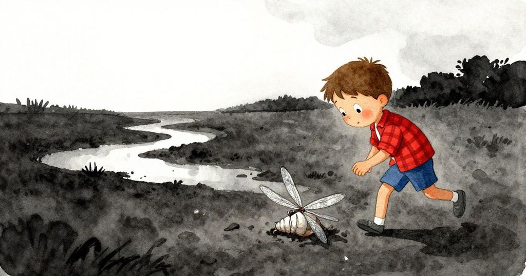 明亮天際下，慢跑者輕觸脆弱蛻變後的蜻蛹，將其推向冷泥，佛羅伊目送轉變結束，場景寬闊寧靜