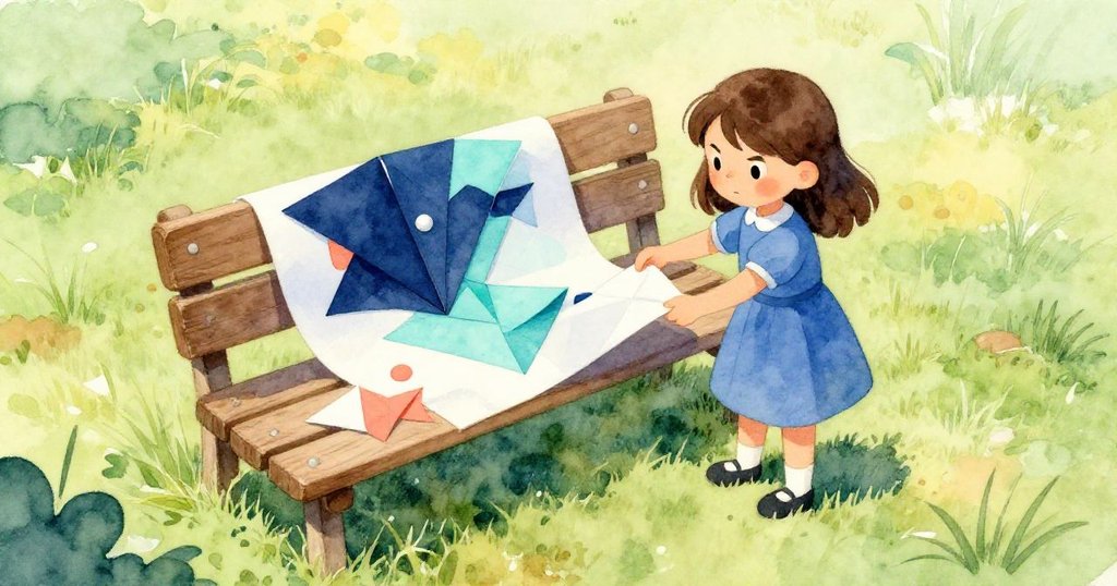 艾瑪在廣闊草坪上從長椅上取下紙張摺紙飛機，晨光柔和，神情專注，故事開端展現試飛準備。