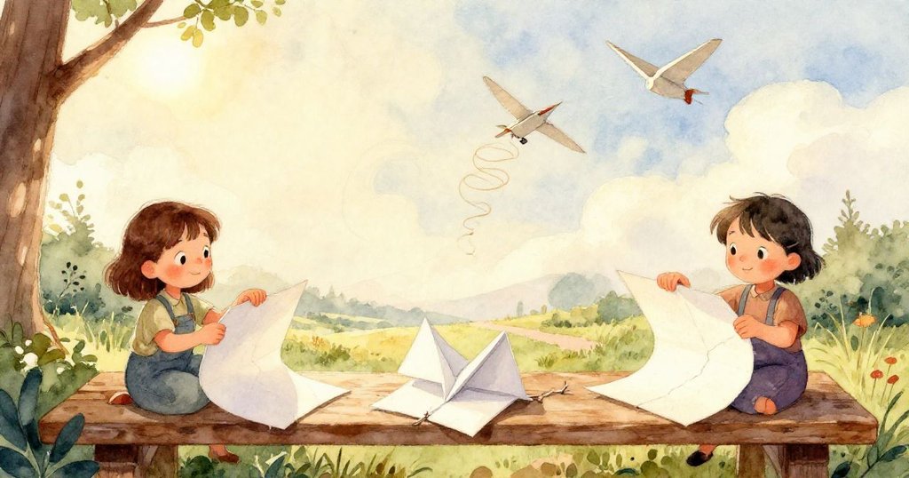 艾瑪專注呈現剛摺好的紙飛機，細節清晰見剪痕與金屬夾，背景長椅和柔光襯托試作進程。