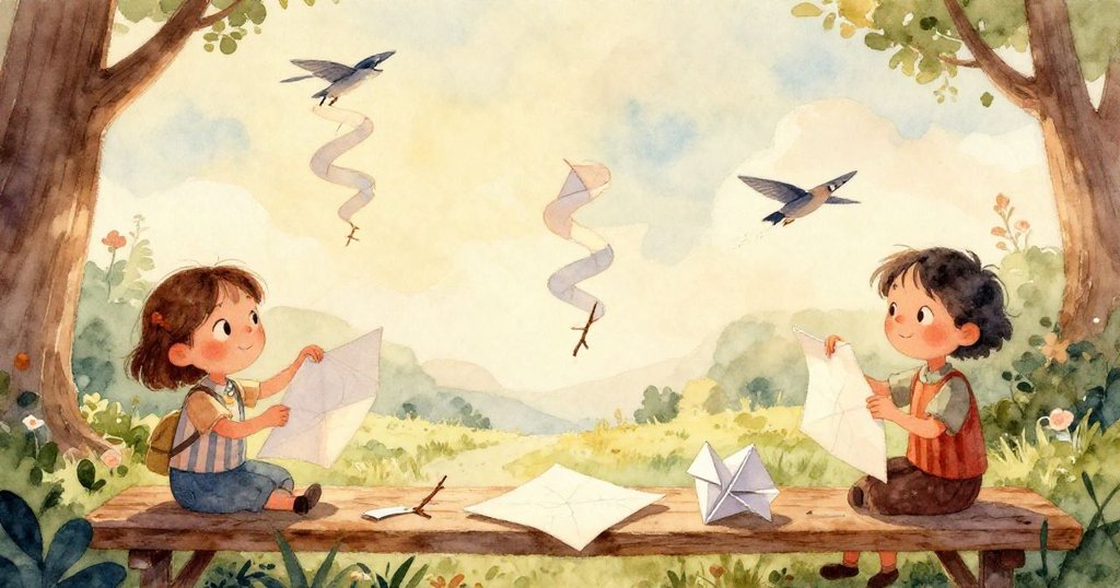 艾瑪視角下放飛紙飛機，機身低沈接近粉筆圈，遠處奧托輕敲秒表，情緒緊張，情節推進。