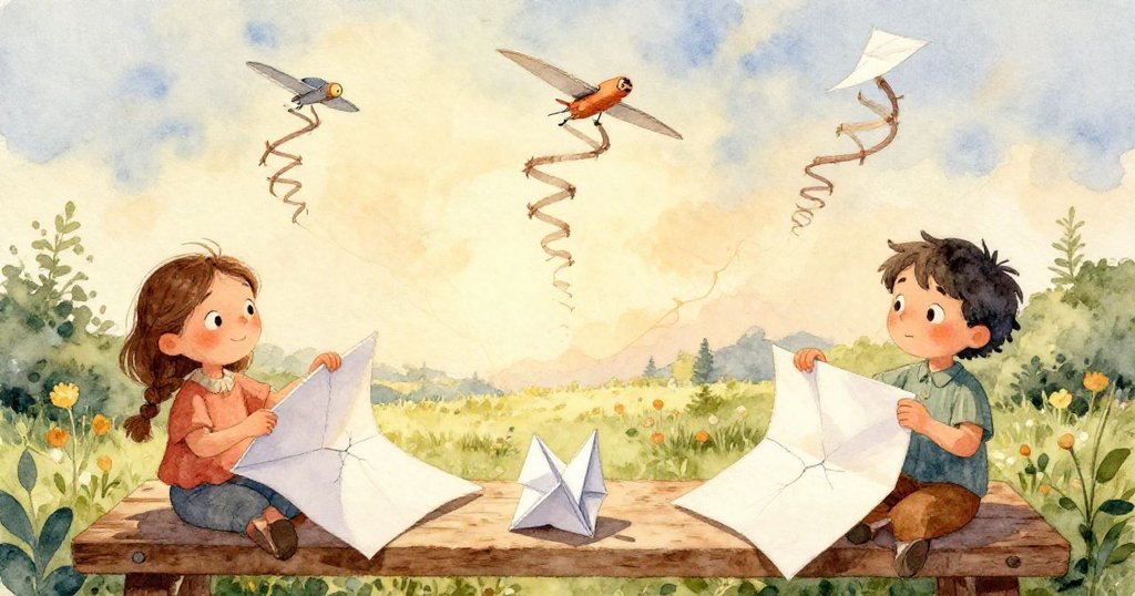 隱藏的蚱蜢觸碰飄帶，引發小麻雀從欄杆驚飛，奇幻場景中線條扭曲，情節達到高潮，充滿詩意。