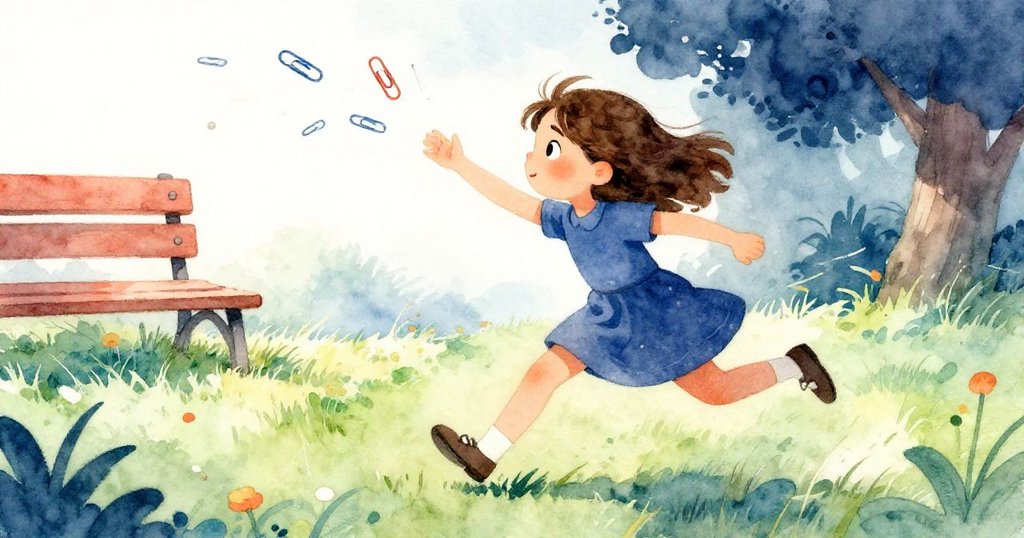 艾瑪急速奔跑追逐從背包掉落的紙夾，臉上滿是急切與輕鬆，草坪、長椅與飄散紙夾展現動感情節。