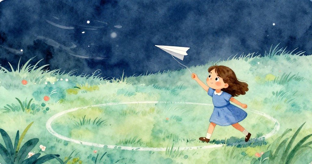 艾瑪最終走向輕盈飛行的紙飛機，粉筆圈上留下淺痕，靜謐草地與柔和光線營造出安詳結局。