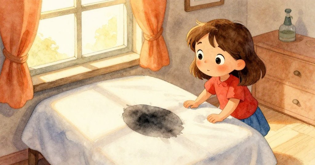 Ruby站在暖陽照耀的窗邊,用好奇眼神看著床單上的暗色痕跡,背景呈現斜角視角與窗邊物件互動。