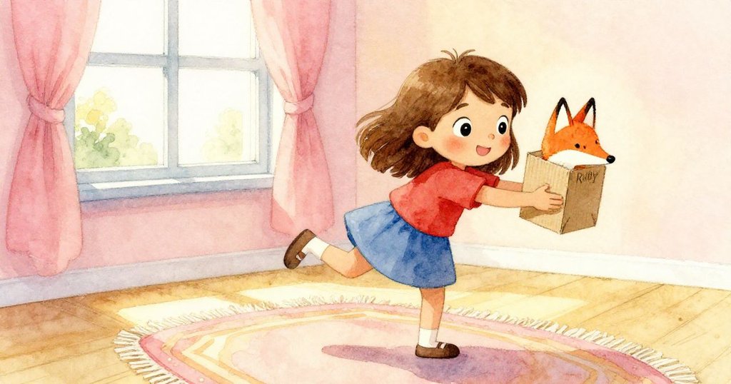 Ruby手持紙板狐狸,輕快地在帶花紋的地毯上行走,腳步與窗外斜陽下的影子生動互動,充滿活力。