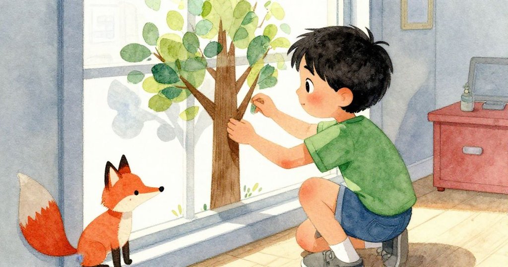 從Ruby背後視角看見Ian蹲在窗邊,小心翼翼地調整紙製樹,紙板狐狸與樹影交疊激發創意奇思。