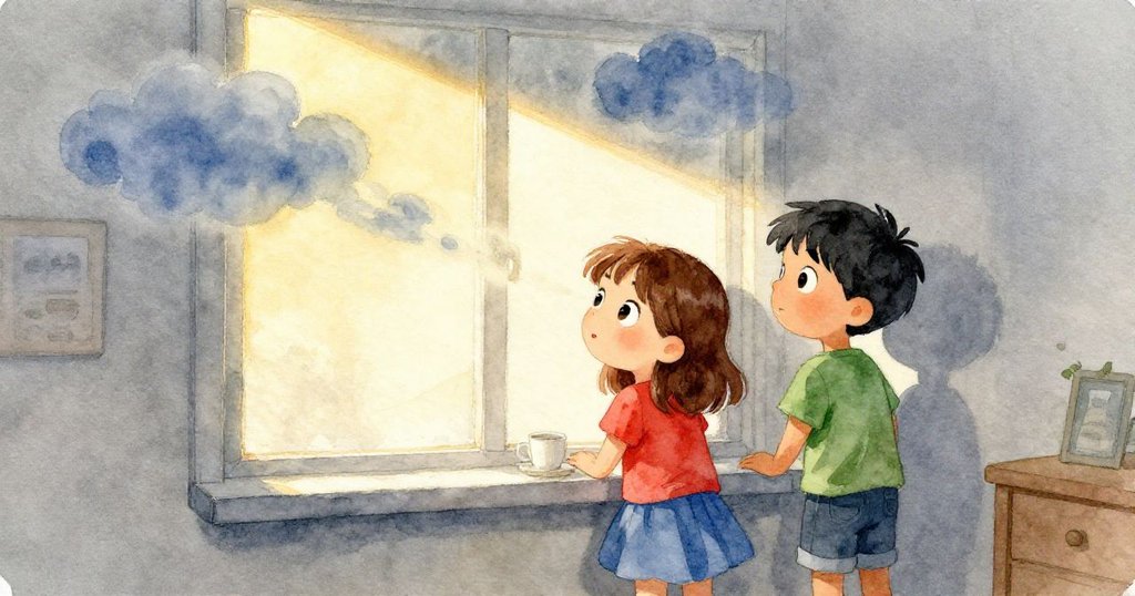 窗外漂過緩慢的雲彩,室內光線漸暗,Ruby和Ian靜靜觀察紙板物影變幻,氛圍溫柔而夢幻。