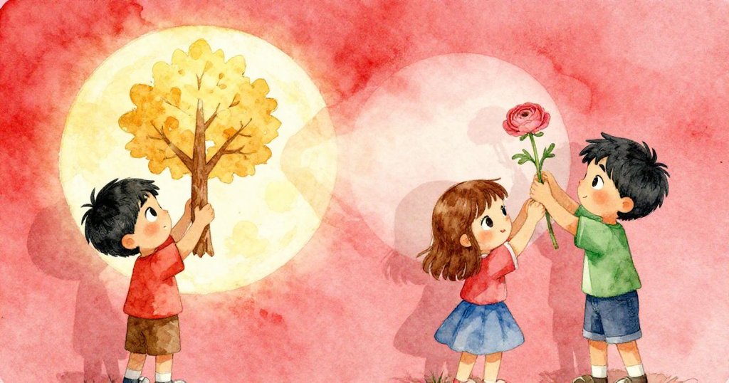 Ian輕輕推高紙樹,Ruby小心將毛茛花放置,兩人無言對視中共同決定讓影子化作明月,氛圍靜謐而充滿創意。