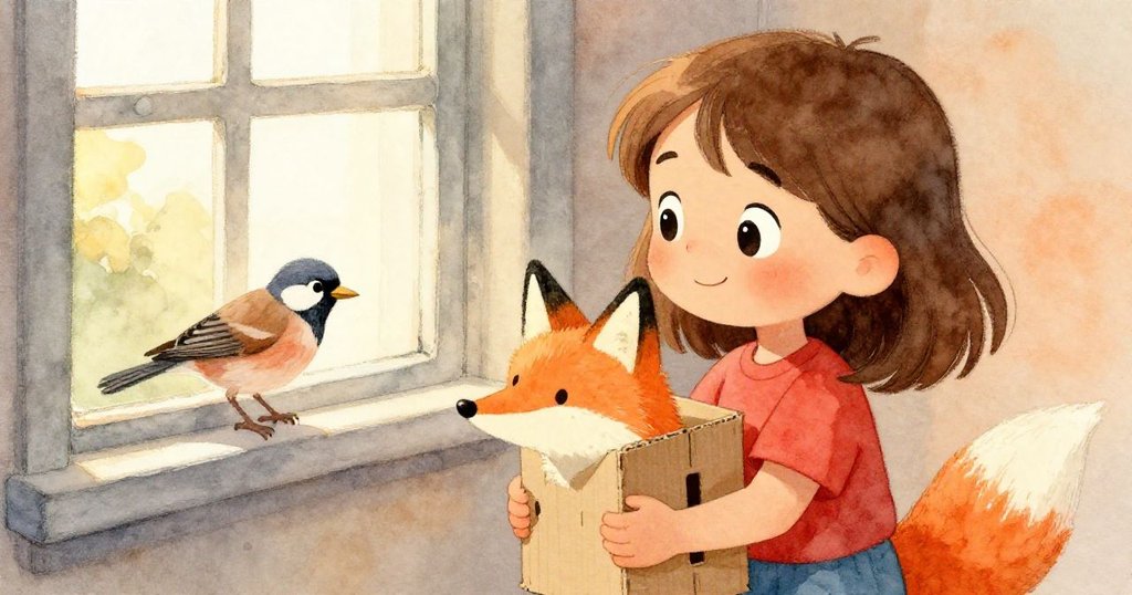 Ruby臉上帶著滿足微笑安靜休息,緊握紙板狐狸;窗外一隻麻雀輕啄飛散的紙屑,結束一天創作。