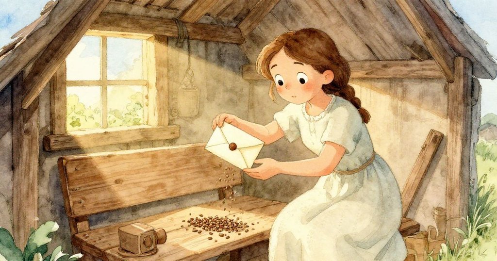 好奇的探險家在鄉村舊棚中傾斜信封，棕色種子滑過桌面，她眼中充滿驚奇與期待，展開探索之旅。