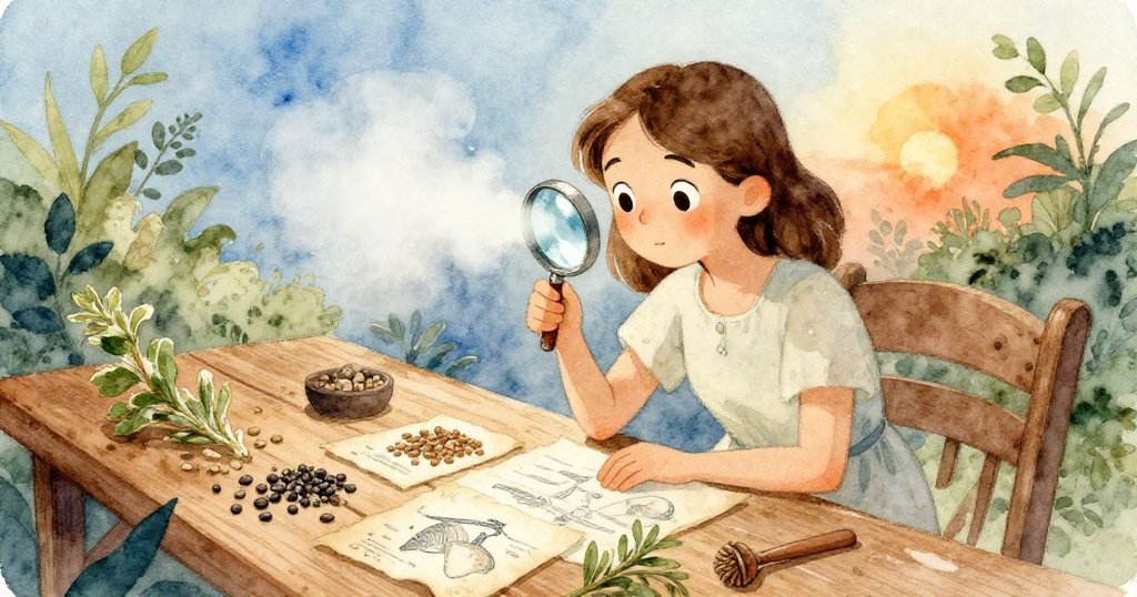 好奇的探險家手持霧化放大鏡，在層次分明的桌面上檢視散落種子、枯草和老舊的海洋草圖，流露專注神情。