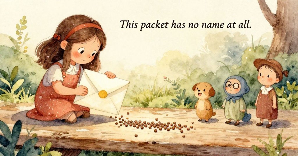 好奇的探險家用兩指輕捻膨脹的種子，臉上流露驚奇與啟發，細膩展示探索之樂的瞬間。