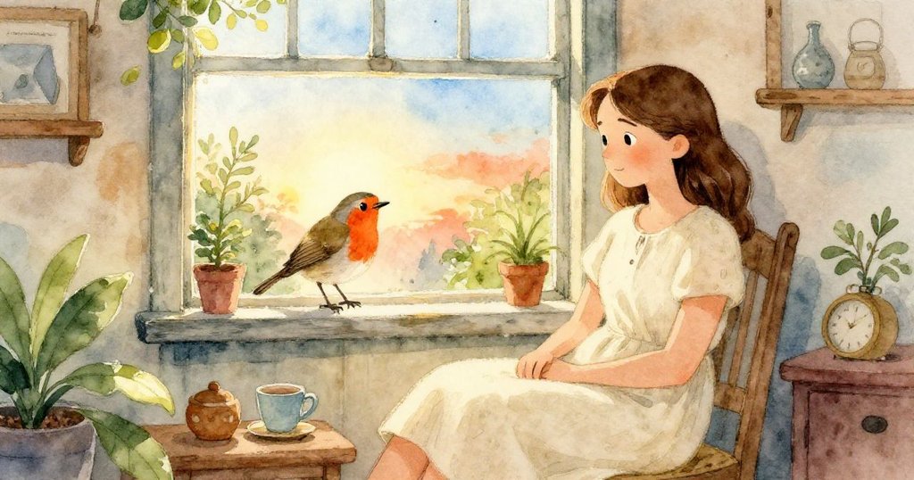 好奇的探險家在忙碌後靜坐休憩，窗邊有一隻優雅知更鳥守望，溫暖夕陽映出一天探索的滿足與寧靜。