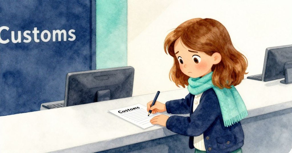 Esme在海關櫃台前用鏈式筆認真寫表格,背景中顯示忙碌環境和溫暖燈光,臉上流露堅定神情。