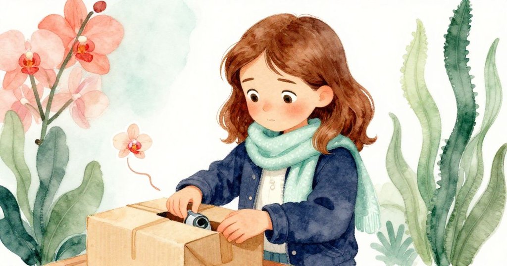 Esme仔細調整懷中的包裹,露出旅行手冊和微翹的蘭花貼紙,細膩光線下呈現溫暖質感和憂慮神情。