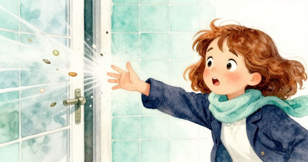 Esme在玻璃門前急速彎腰拾取被風吹散的表格,明亮光線與運動細節突顯驚訝神情。