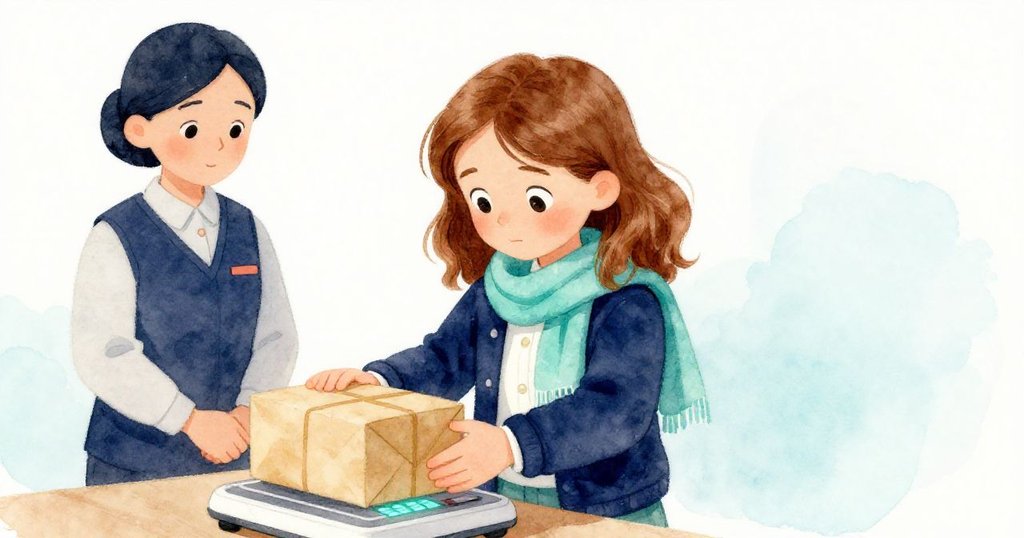 Esme在電子秤前調整包裹,面對閃爍數字與平靜櫃檯人員,展現出緊張與認真神情。