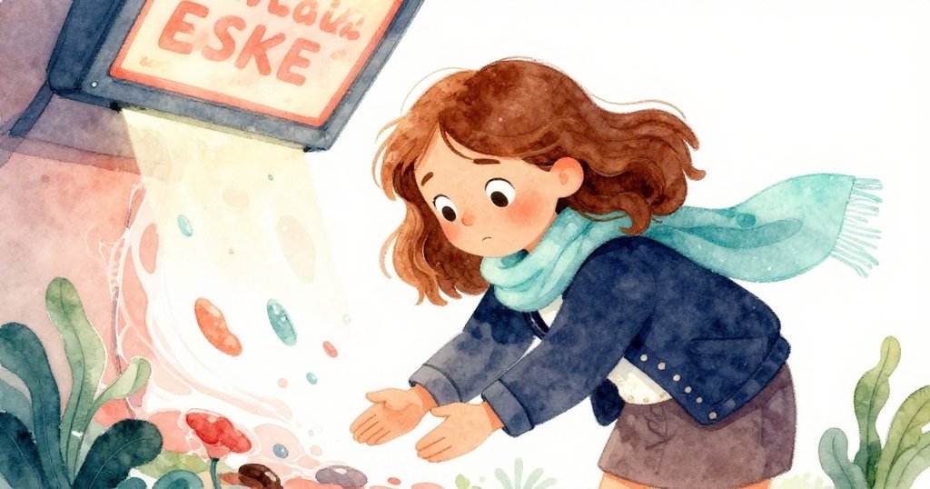 Esme動態彎腰拾起被風吹散的潮濕表格,背景中閃爍的電子螢幕與溫柔光線襯出她集中幫助他人的情景。