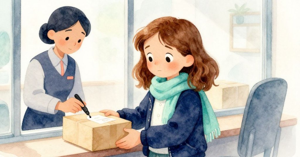 Esme在櫃台窗邊露出安心笑容,看著櫃檯人員用印章蓋印,溫暖光線中展現問題終解的美好時刻。