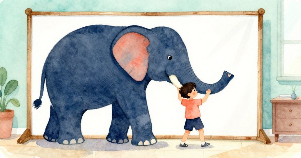 Kit輕推大象紙偶於光亮床單前, 早晨室內窗外晨光映照, 動作專注, 形成鮮明光影對比