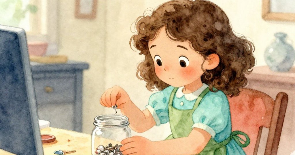 Hazel專注拾取針頭放入小罐中, 靠近道具桌上工藝材料環繞, 溫暖室內光線映襯專心動作