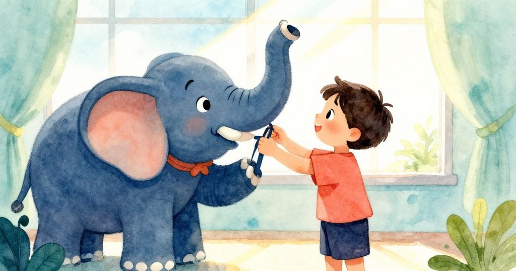 雲散日明室內光線鋪洒, Kit專注調整大象偶, 燦爛陽光映襯環境轉變, 氣氛逐漸明亮