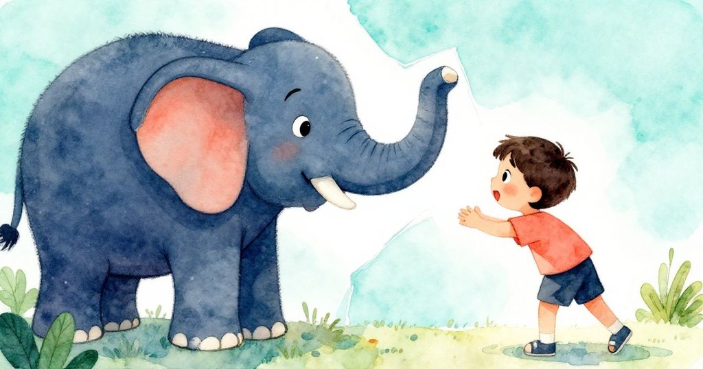 Kit驚喜發現大象偶巧妙遮擋光隙, 露出淡淡微笑, 室內布幕與陰影相映, 創意氛圍濃厚