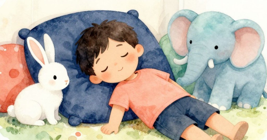 Kit靜坐於靠墊間休憩, 面帶平和神情, 旁邊大象與兔偶靜默相伴, 紗幕輕拂窗邊營造安寧氛圍