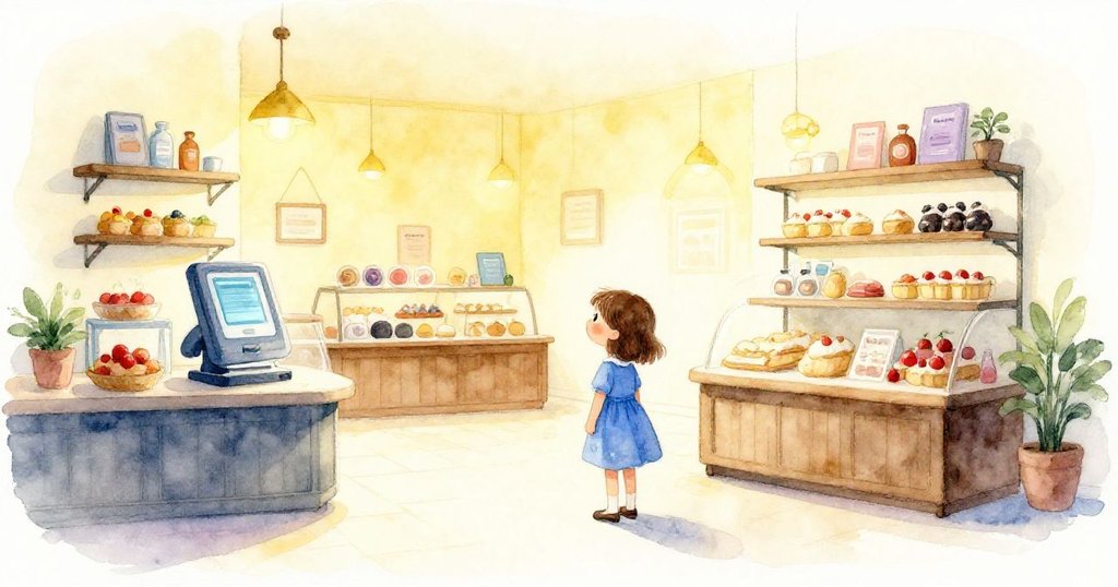 Faye穿著藍色洋裝，在溫暖麵包店內靜立，輕柔燈光映照自助結帳區，臉上露出期待與平靜。